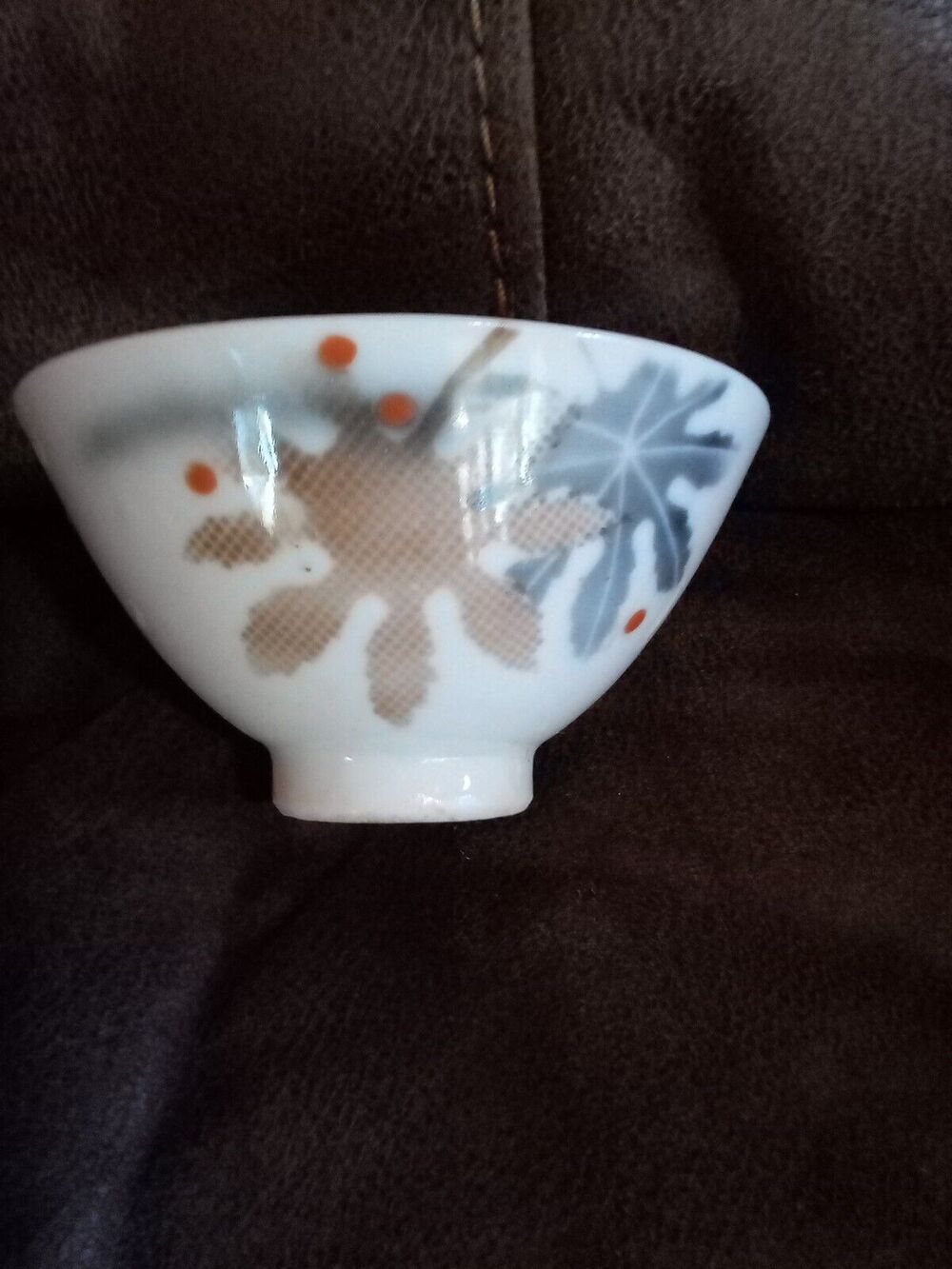 Japanese Porcelain 2.5 Inch Rice Bowl Vtg Chawan Red Tan Black Flower Leaf